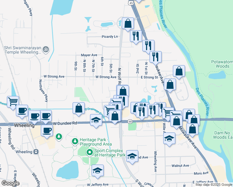 map of restaurants, bars, coffee shops, grocery stores, and more near 180 North Wolf Road in Wheeling