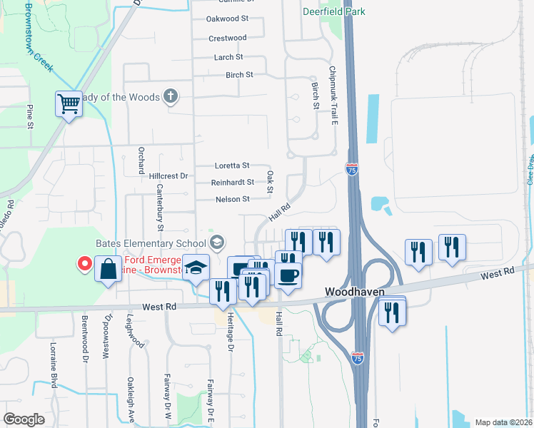 map of restaurants, bars, coffee shops, grocery stores, and more near 22411 Silver Creek Drive in Trenton