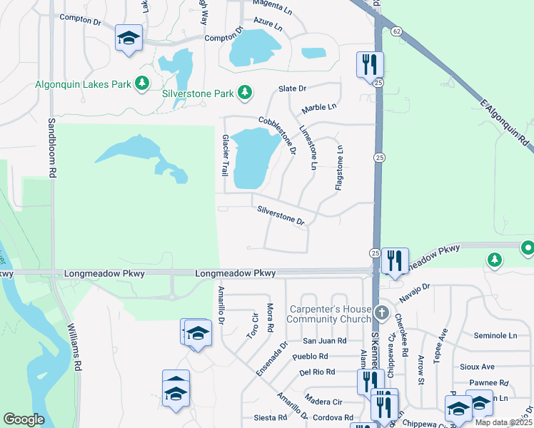 map of restaurants, bars, coffee shops, grocery stores, and more near 1003 Silverstone Drive in Carpentersville