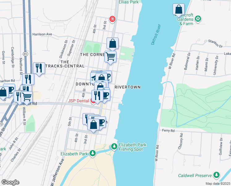 map of restaurants, bars, coffee shops, grocery stores, and more near 2645 Riverside Drive in Trenton