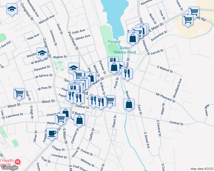 map of restaurants, bars, coffee shops, grocery stores, and more near 8 Goodrich Street in Milford