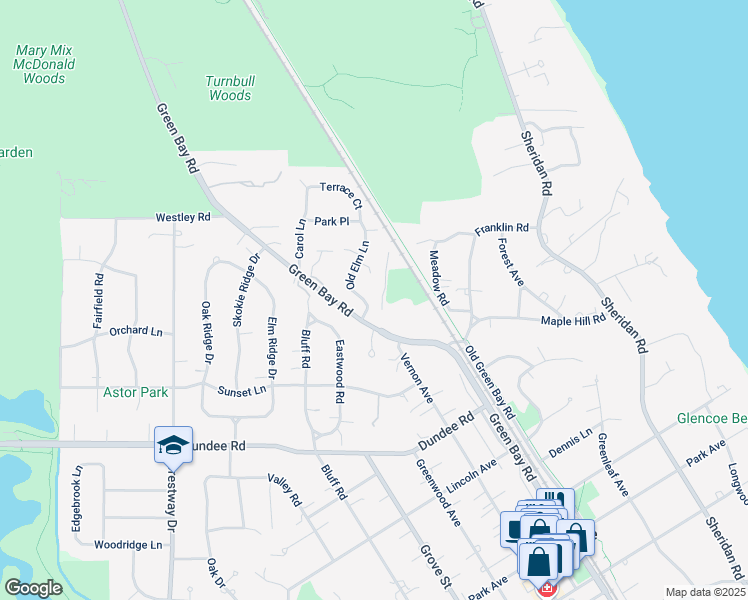 map of restaurants, bars, coffee shops, grocery stores, and more near 1049 Old Elm Lane in Glencoe