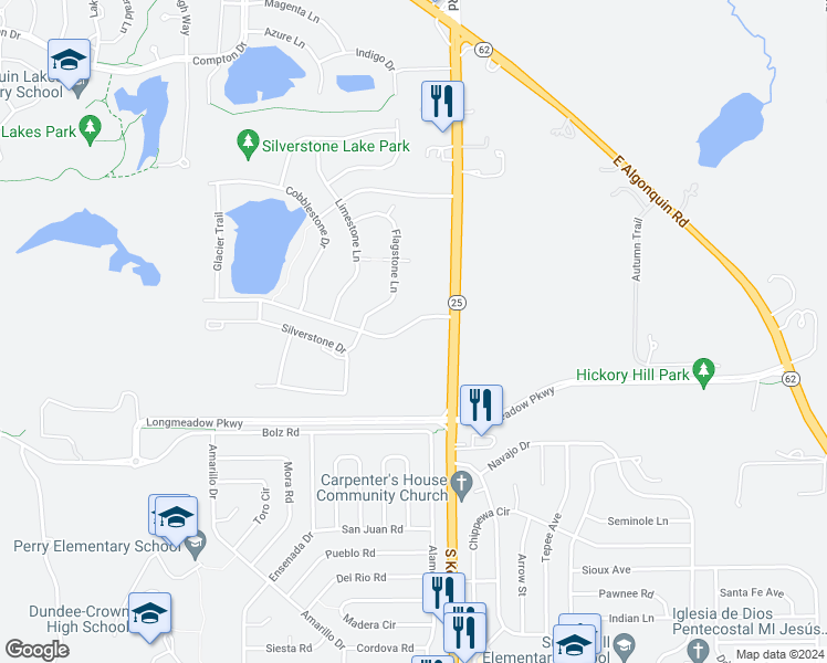 map of restaurants, bars, coffee shops, grocery stores, and more near 431 Silverstone Drive in Carpentersville