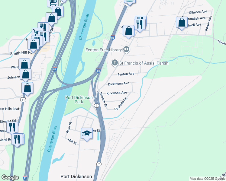 map of restaurants, bars, coffee shops, grocery stores, and more near 13 Kirkwood Ave in Binghamton