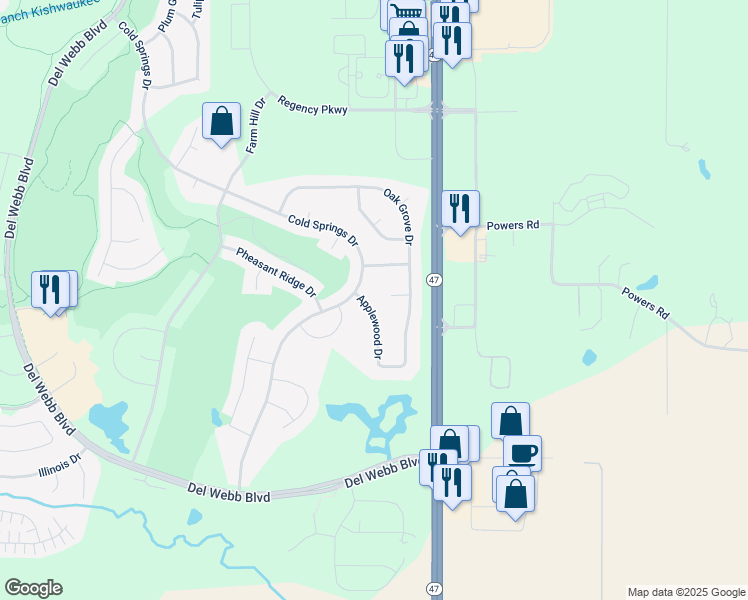 map of restaurants, bars, coffee shops, grocery stores, and more near 12892 Applewood Drive in Huntley