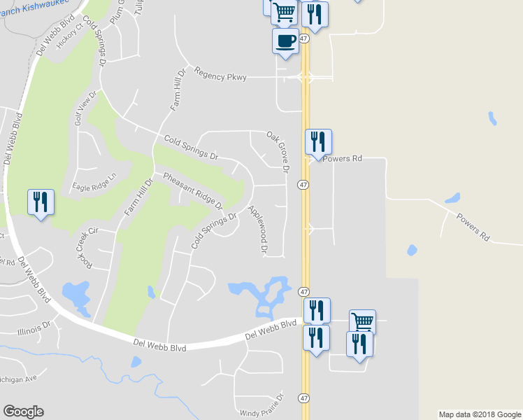 map of restaurants, bars, coffee shops, grocery stores, and more near 12892 Applewood Drive in Huntley
