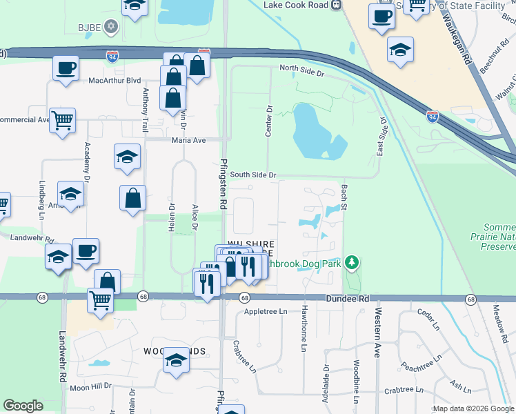 map of restaurants, bars, coffee shops, grocery stores, and more near 538 Dunsten Circle in Northbrook