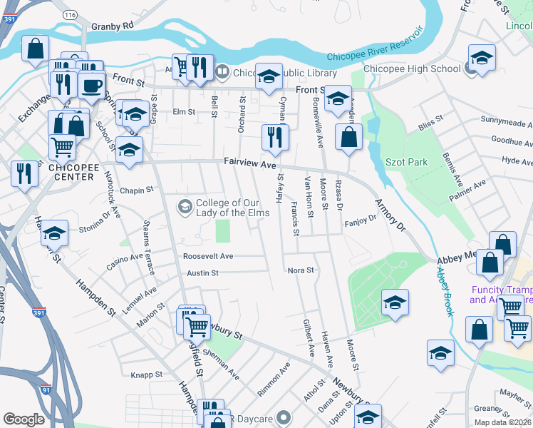 map of restaurants, bars, coffee shops, grocery stores, and more near 81 Saratoga Avenue in Chicopee