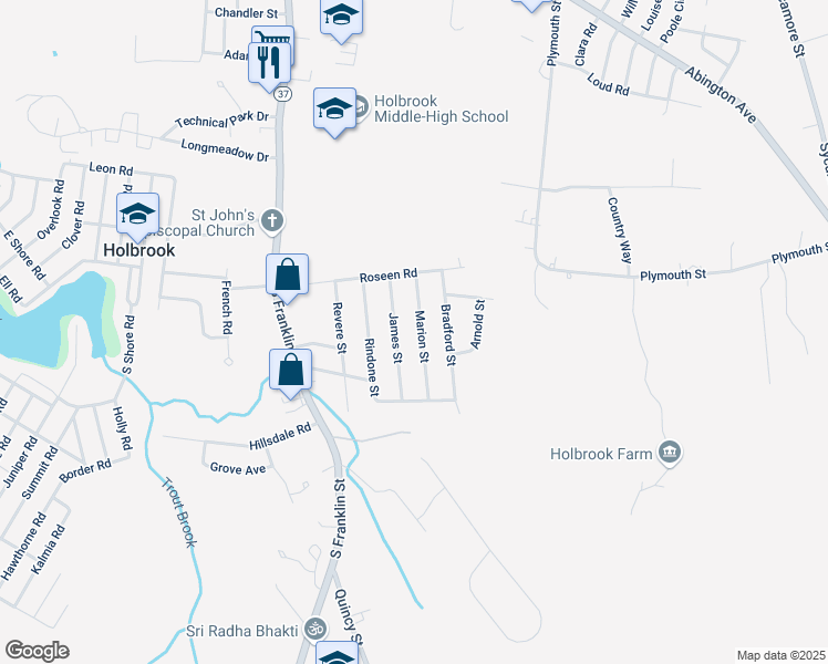 map of restaurants, bars, coffee shops, grocery stores, and more near 30 James Street in Holbrook