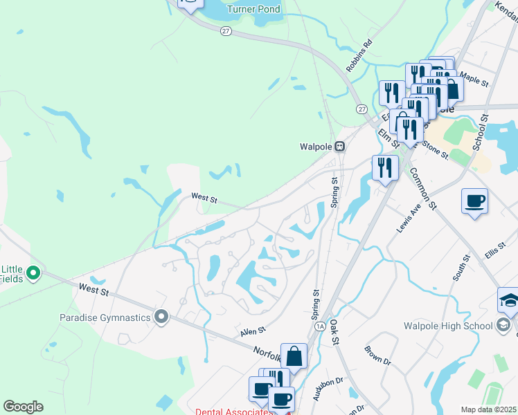 map of restaurants, bars, coffee shops, grocery stores, and more near 320 West Street in Walpole