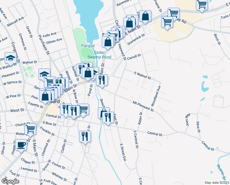 map of restaurants, bars, coffee shops, grocery stores, and more near 22 Mount Pleasant Street in Milford