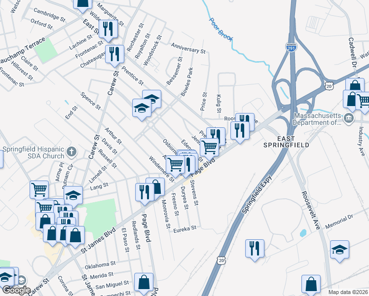 map of restaurants, bars, coffee shops, grocery stores, and more near 69 Osborne Terrace in Springfield