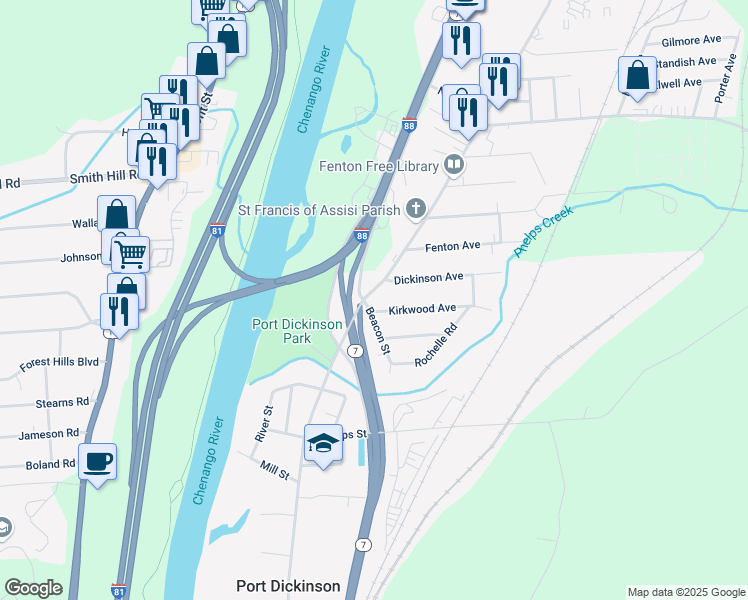 map of restaurants, bars, coffee shops, grocery stores, and more near 840 Chenango Street in Binghamton