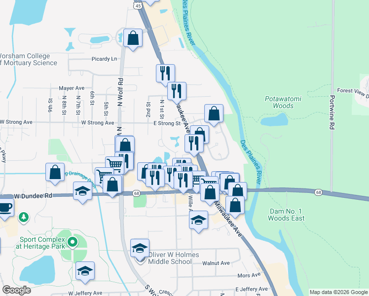 map of restaurants, bars, coffee shops, grocery stores, and more near 190 North Milwaukee Avenue in Wheeling