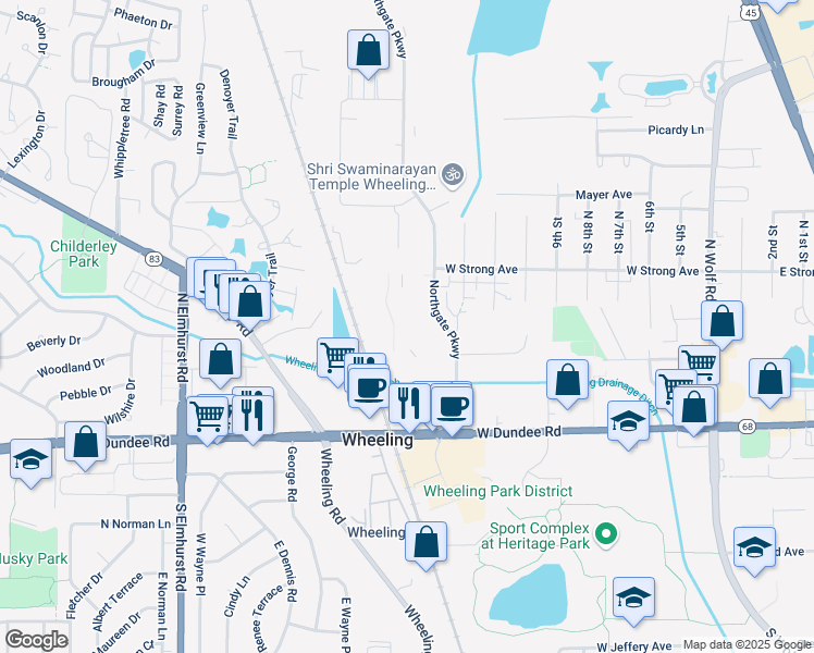 map of restaurants, bars, coffee shops, grocery stores, and more near 300 Burlington Circle in Wheeling