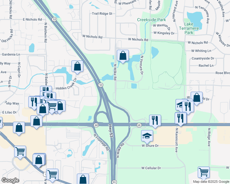map of restaurants, bars, coffee shops, grocery stores, and more near 3700 North Wilke Road in Arlington Heights