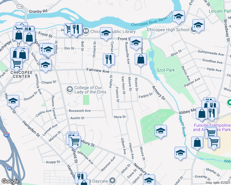 map of restaurants, bars, coffee shops, grocery stores, and more near 48 Francis Street in Chicopee