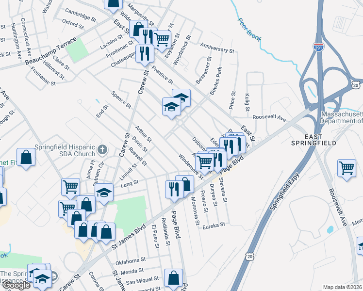 map of restaurants, bars, coffee shops, grocery stores, and more near 108 Ardmore Street in Springfield