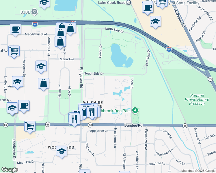 map of restaurants, bars, coffee shops, grocery stores, and more near 567 Greenwood Road in Northbrook