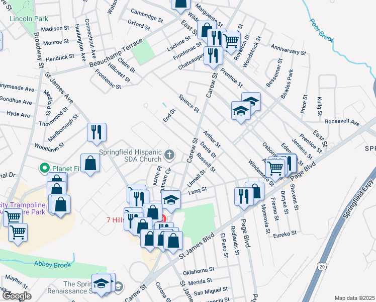 map of restaurants, bars, coffee shops, grocery stores, and more near 1586 Carew Street in Springfield