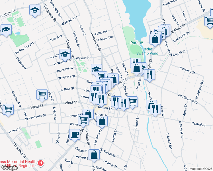map of restaurants, bars, coffee shops, grocery stores, and more near 29 Spruce Street in Milford