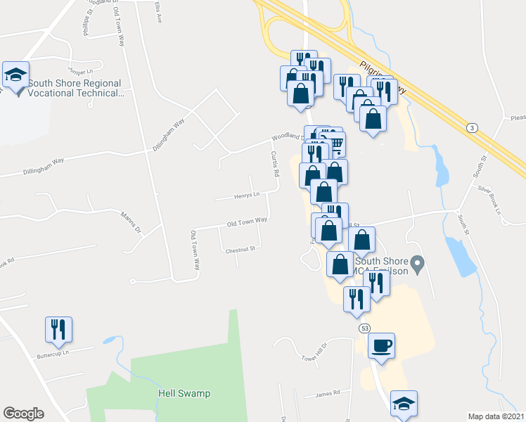 map of restaurants, bars, coffee shops, grocery stores, and more near 568 Old Town Way in Hanover