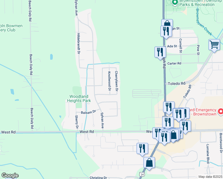 map of restaurants, bars, coffee shops, grocery stores, and more near 22369 Knollwood Drive in Wayne County
