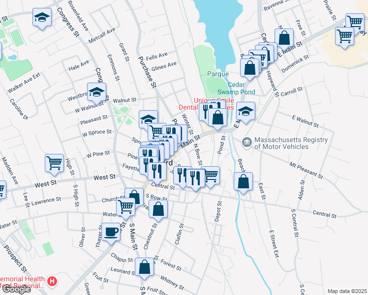 map of restaurants, bars, coffee shops, grocery stores, and more near 28 Court Street in Milford