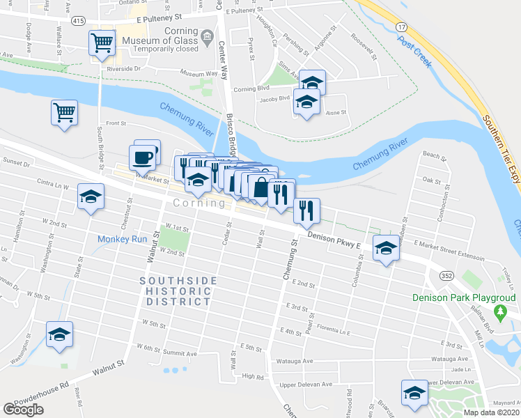 map of restaurants, bars, coffee shops, grocery stores, and more near 92 East Market Street in Corning
