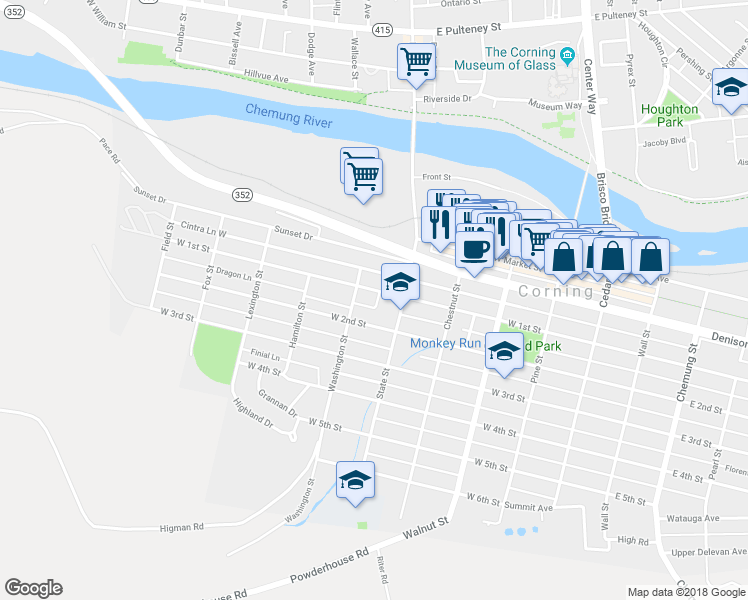 map of restaurants, bars, coffee shops, grocery stores, and more near 178 W 1st St in Corning