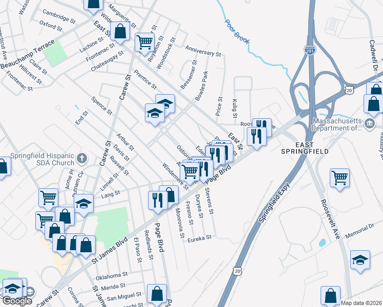 map of restaurants, bars, coffee shops, grocery stores, and more near 69 Osborne Terrace in Springfield
