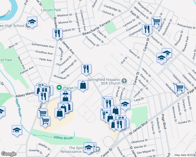 map of restaurants, bars, coffee shops, grocery stores, and more near 22 Barton Street in Springfield