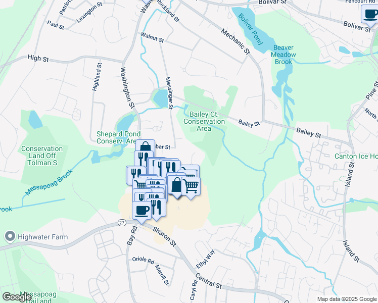 map of restaurants, bars, coffee shops, grocery stores, and more near 4 Widberg Lane in Canton