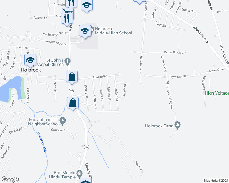 map of restaurants, bars, coffee shops, grocery stores, and more near 31 Bradford Street in Holbrook