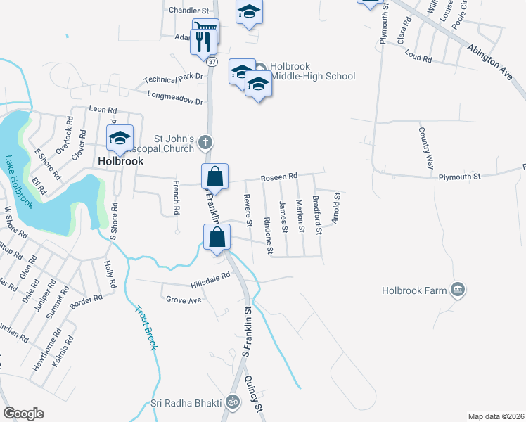 map of restaurants, bars, coffee shops, grocery stores, and more near 27 Rindone Street in Holbrook