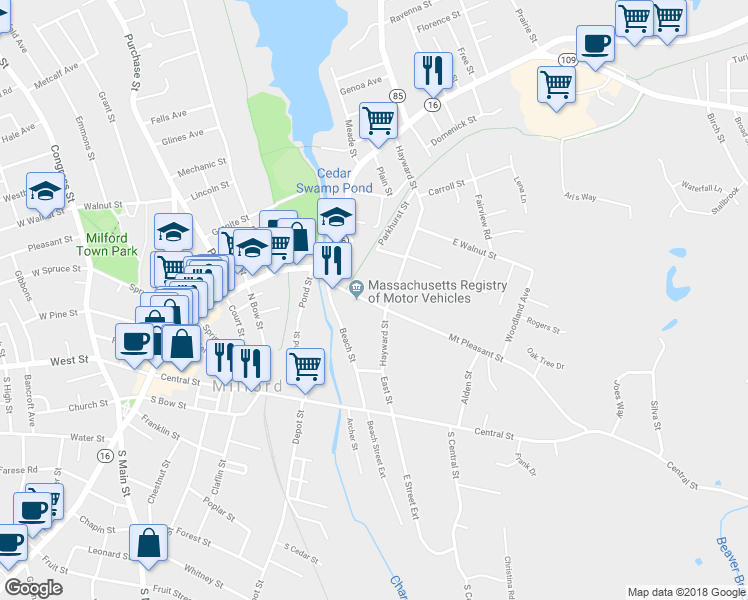map of restaurants, bars, coffee shops, grocery stores, and more near 22 Mount Pleasant Street in Milford