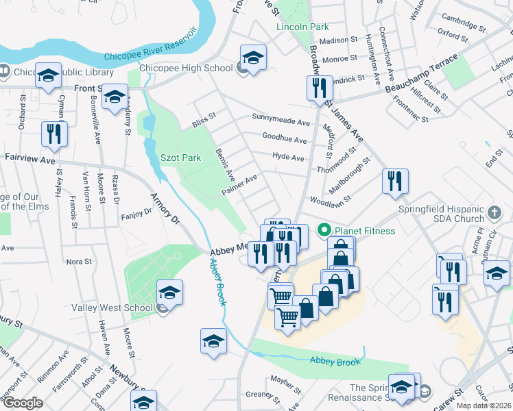map of restaurants, bars, coffee shops, grocery stores, and more near 30 Dalton Avenue in Chicopee