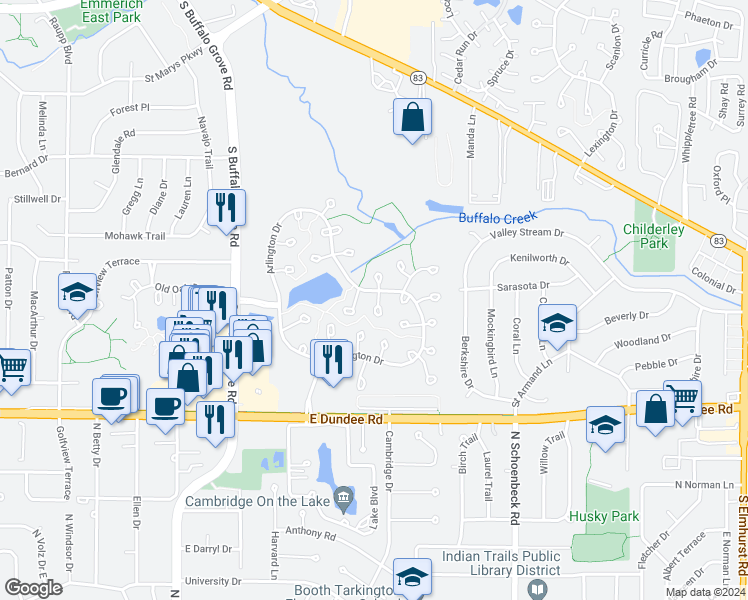map of restaurants, bars, coffee shops, grocery stores, and more near 1414 Tulip Court in Wheeling