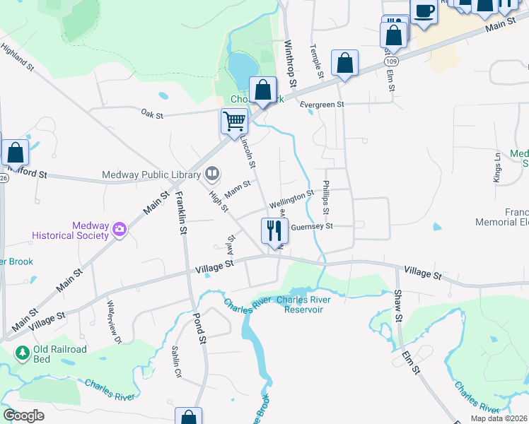 map of restaurants, bars, coffee shops, grocery stores, and more near 19 Lincoln Street in Medway