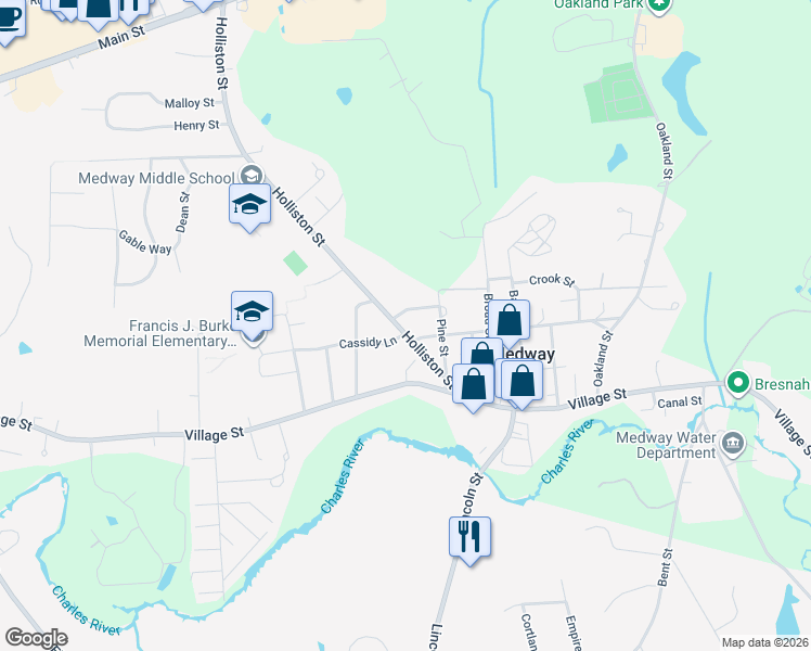 map of restaurants, bars, coffee shops, grocery stores, and more near 16 Holliston Street in Medway