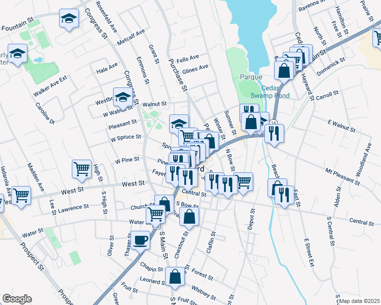 map of restaurants, bars, coffee shops, grocery stores, and more near 80 Spruce Street in Milford