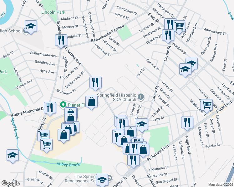 map of restaurants, bars, coffee shops, grocery stores, and more near 125 Atherton Street in Springfield