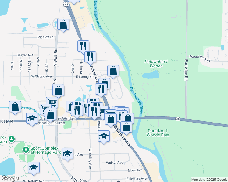 map of restaurants, bars, coffee shops, grocery stores, and more near 311 Partridge Ln in Wheeling
