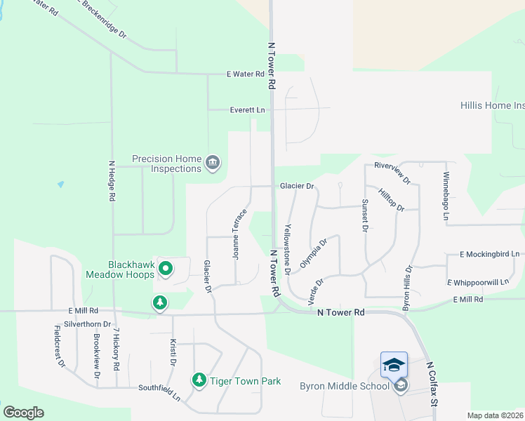 map of restaurants, bars, coffee shops, grocery stores, and more near 8750-8784 North Tower Road in Byron