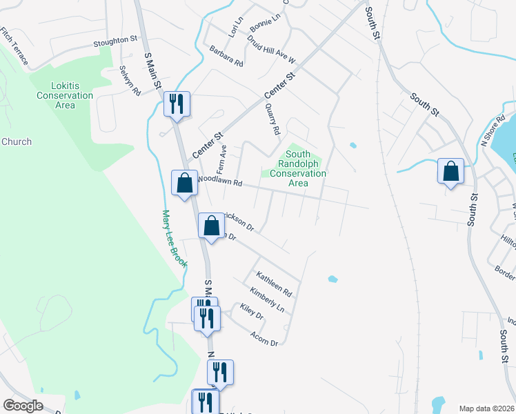 map of restaurants, bars, coffee shops, grocery stores, and more near 12 South Sherwood Avenue in Randolph