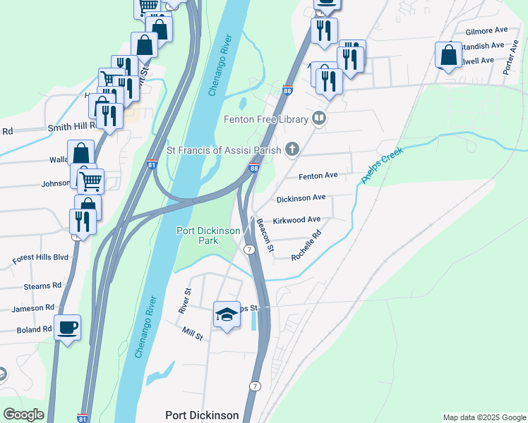 map of restaurants, bars, coffee shops, grocery stores, and more near 840 Chenango St in Binghamton