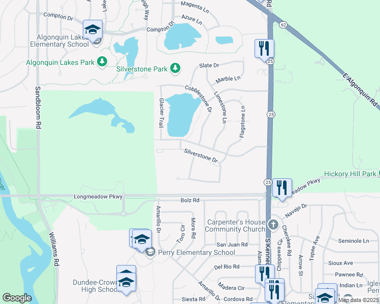 map of restaurants, bars, coffee shops, grocery stores, and more near 827 Silverstone Drive in Carpentersville