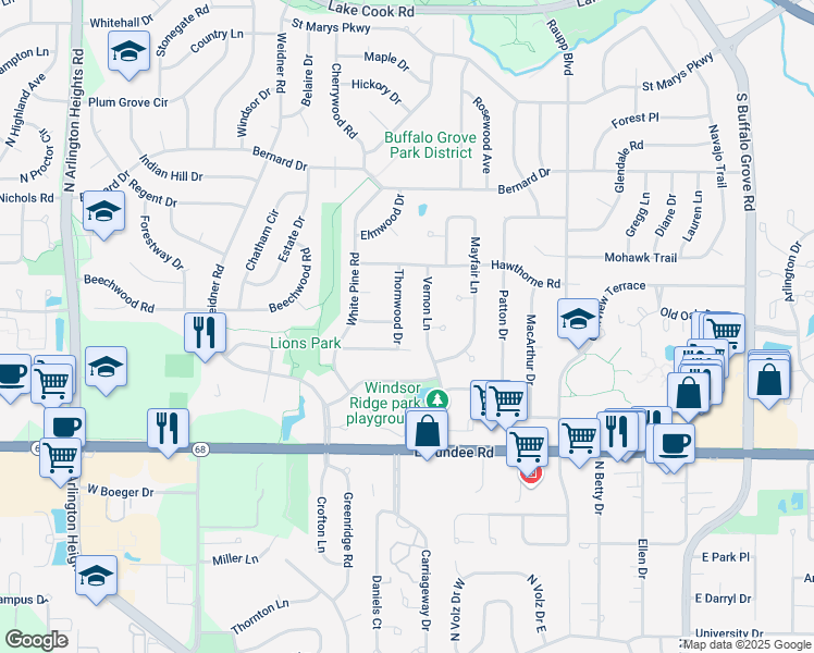 map of restaurants, bars, coffee shops, grocery stores, and more near 655 Thornwood Drive in Buffalo Grove