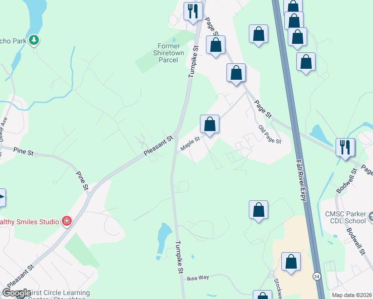 map of restaurants, bars, coffee shops, grocery stores, and more near 25 Maple Street in Stoughton