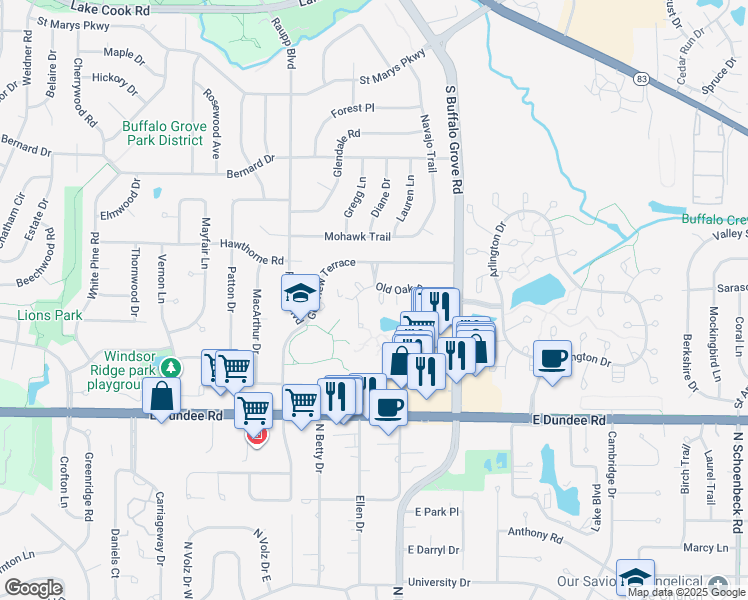 map of restaurants, bars, coffee shops, grocery stores, and more near 155 Old Oak Court East in Buffalo Grove